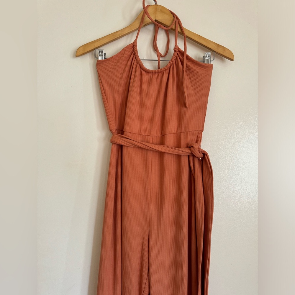 Lovers + Friends Langley Peach Halter Tie-Waist Ribbed Jumpsuit - Picture 3 of 9